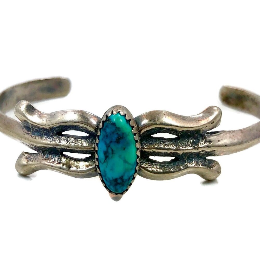 Vintage, Turquoise Cuff Sterling Silver, Sand Cast, Native American, Small Wrist - Picture 4 of 5